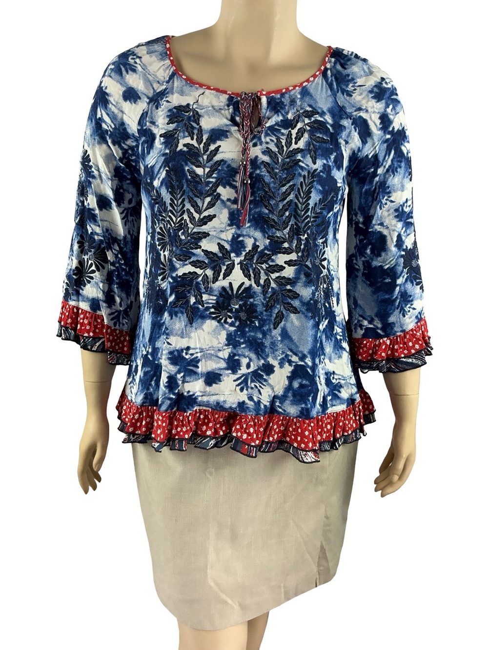 John Mark Metallic Floral Embroidered Boho Blouse Red Blue Size L